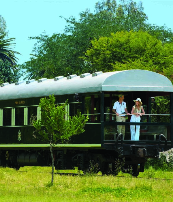 Couple de voyageurs prenant un verre à l'arrière du train de luxe Rovos qui traverse les paysages magnifiques d'Afrique du Sud
